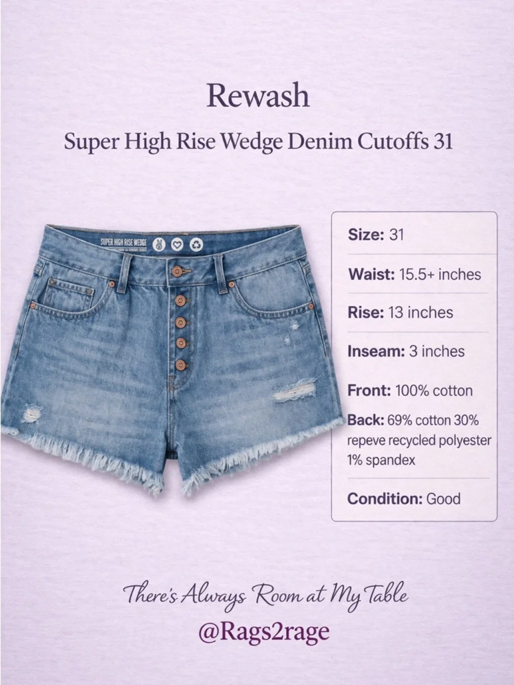 Rewash High Rise Button Fly Distressed Denim Cutoff Shorts Size 31